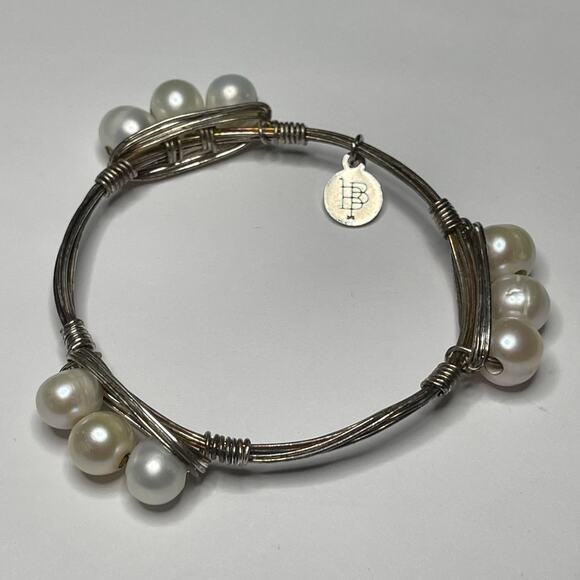 BOURBON & BOWETIES gold tone bracelet bangle PEARL signed jewelry wire wrapped - Picture 7 of 12